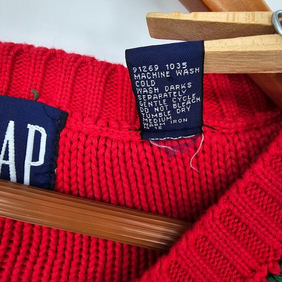 Vintage GAP Sweater 90s Cable Knit Varsity Tennis Cricket VNeck L Preppy Holiday - Picture 6 of 6